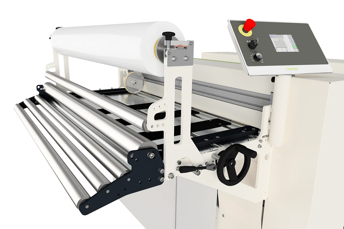 utrustning för foliepåläggning på plåt innan bearbetning i klippsträcka mot vit bakgrund