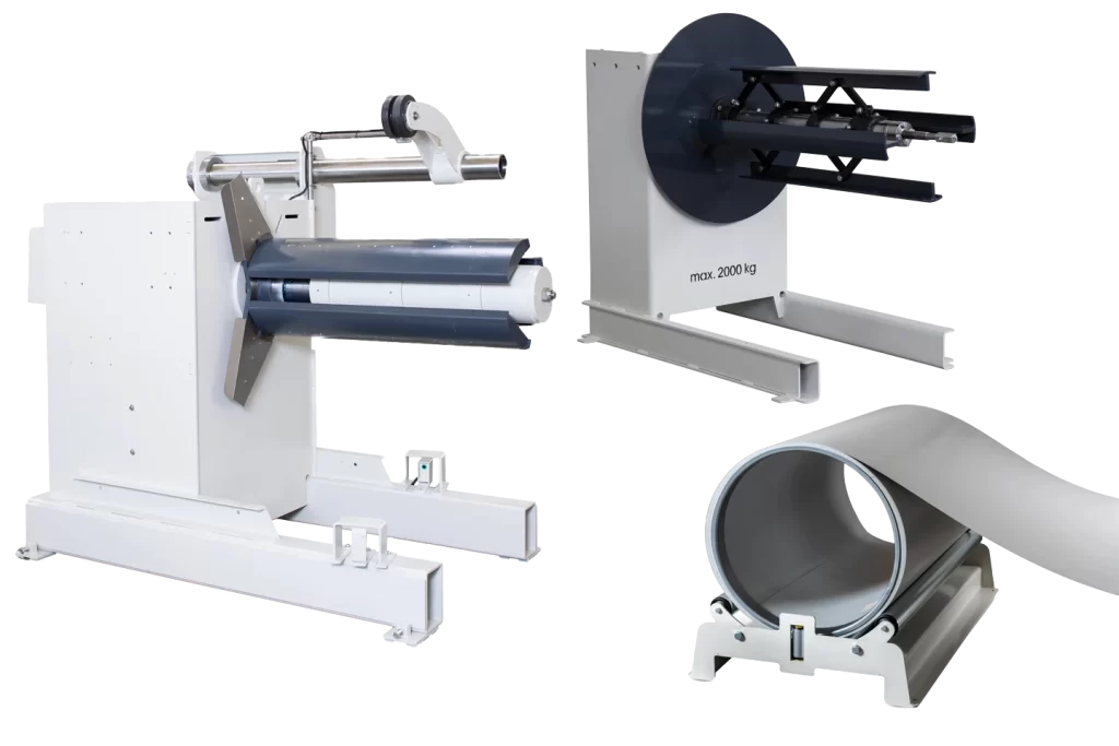 different models of decoilers for cut to length machines on white background