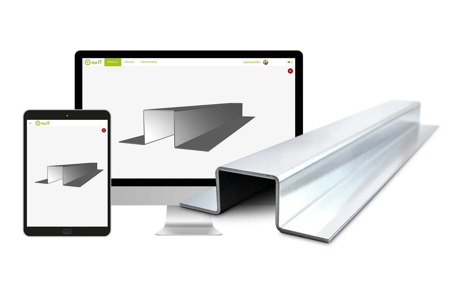 nuit programvara för effektiv beställning och produktion av plåtdetaljer mot vit bakgrund