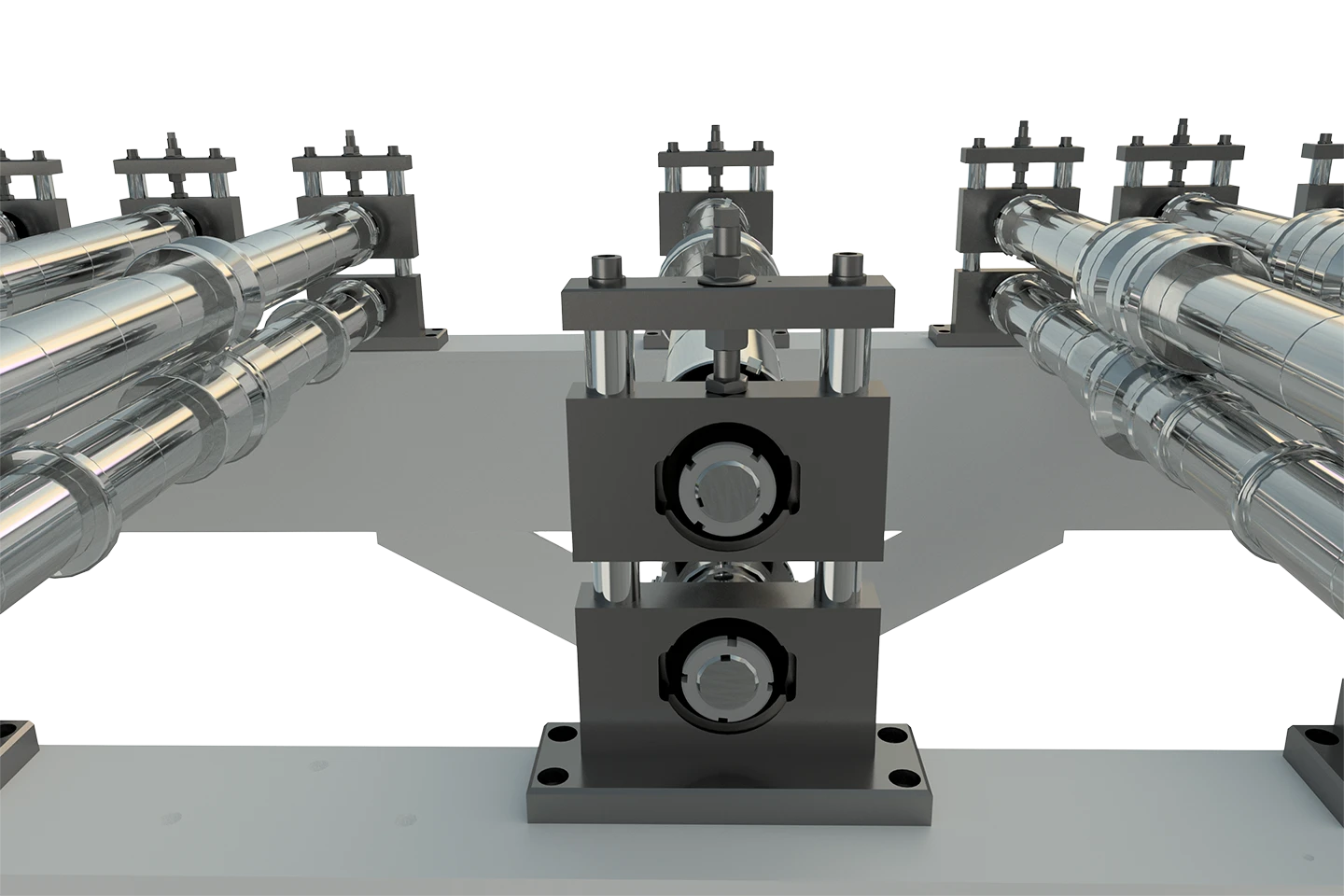 verktygsstationer från sidan i en rullformningsmaskin mot vit bakgrund